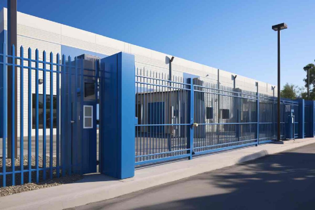 Blue commercial fence surrounding a storage facility near Lexington, KY