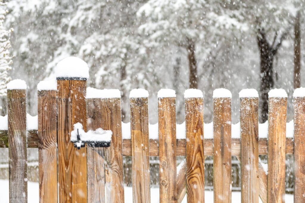 Wood fence covered with snow in a homeowner's yard.